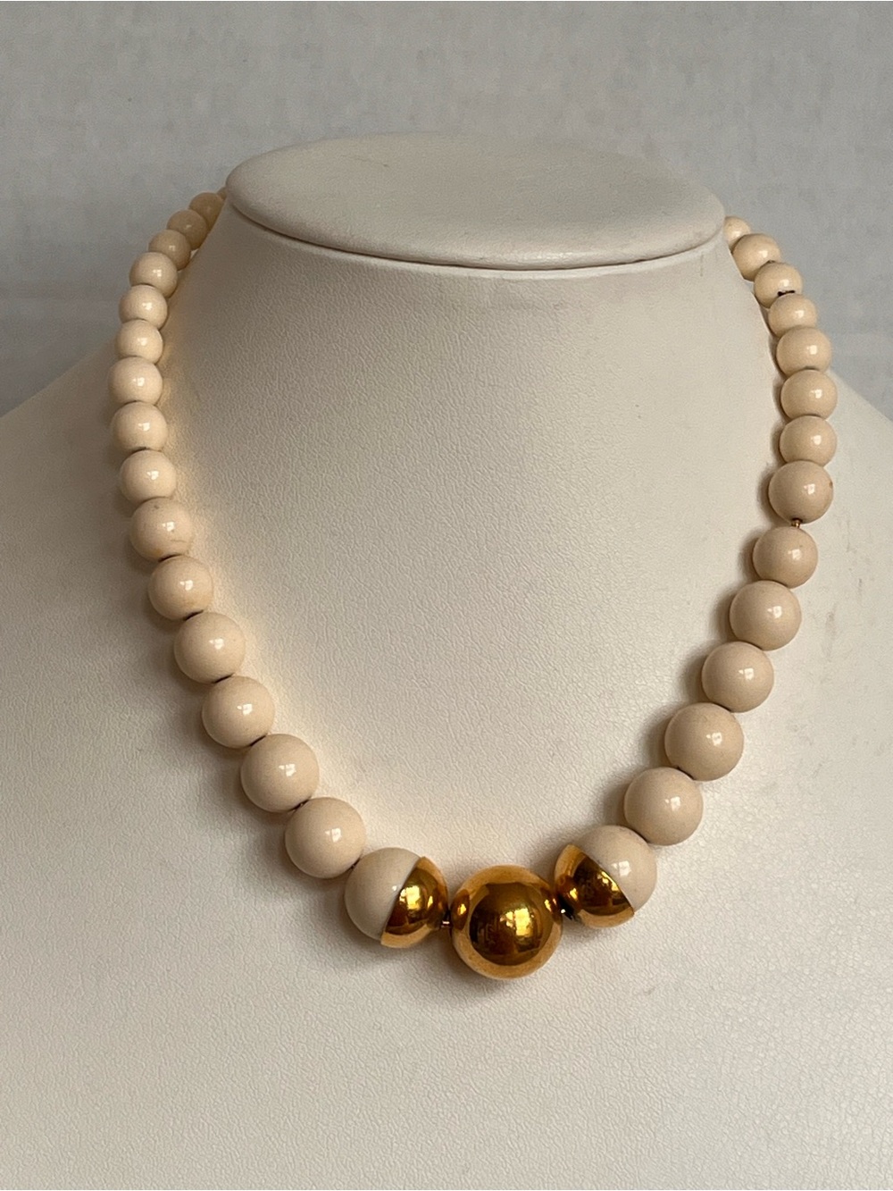 Vintage Monet Ivory Bead Necklace Gold Tone Statement Choker 15” Signed
